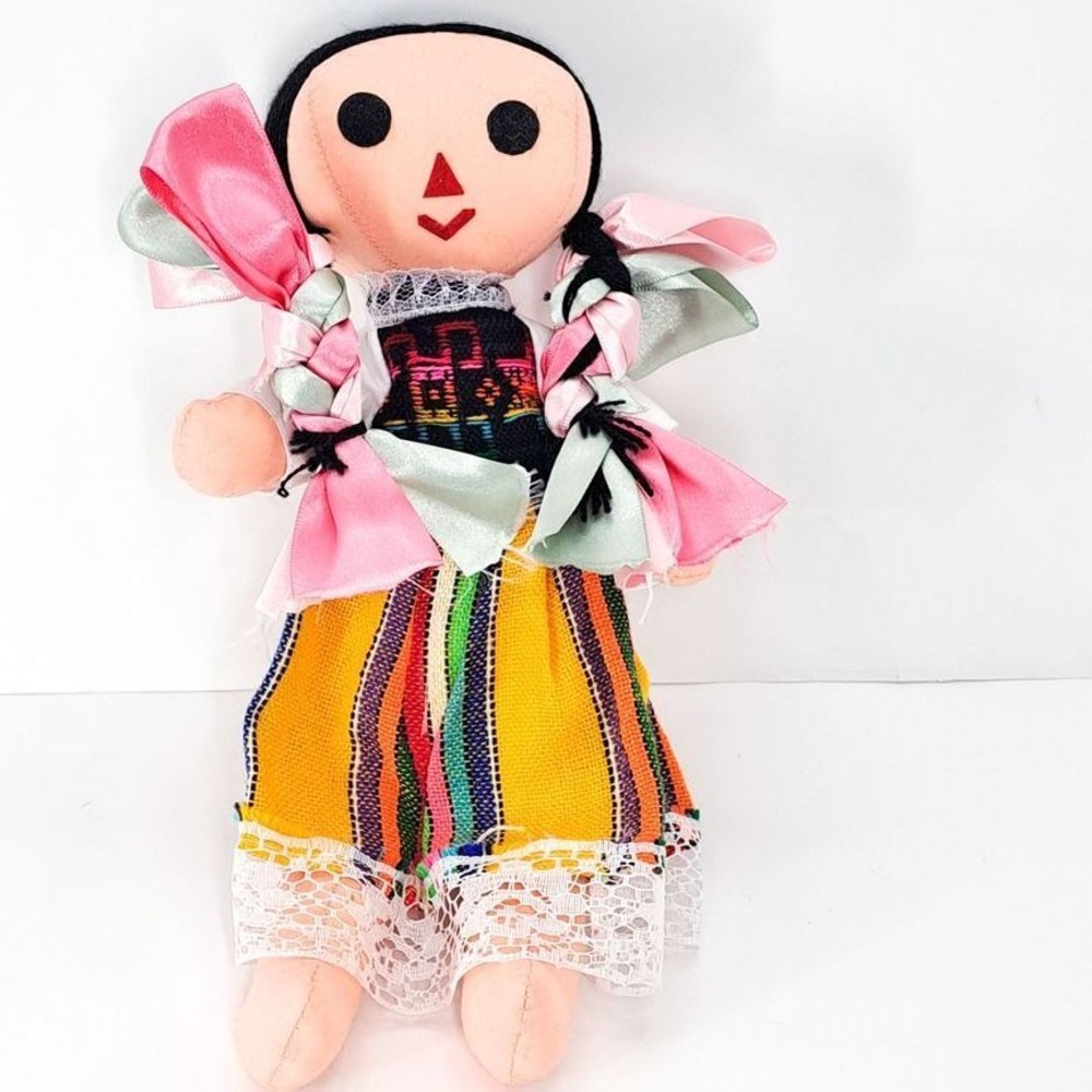 Mexican Folk Art Doll Handmade Cloth Rag Vintage Rainbow Dress Pink Ribbon VTG